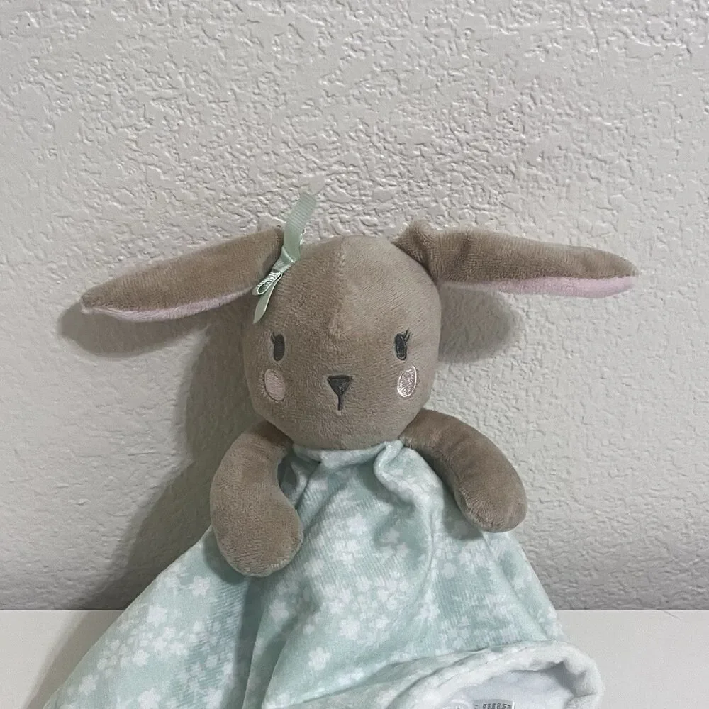 Modern Baby Green Floral Bunny Rabbit Baby Security Blanket Lovey Teether Rattle